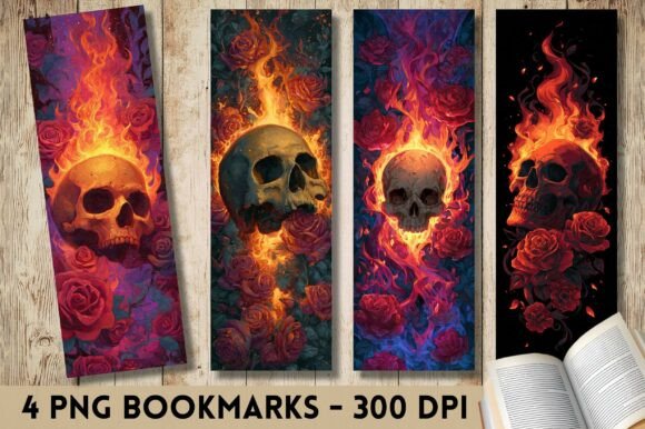 Burning Fire Skull Rose Goth Bookmark Print Templates
