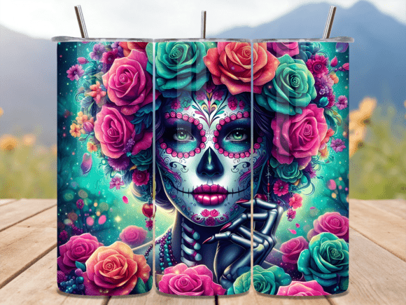 Floral Sugar Skull Girl Tumbler Wrap PNG Review