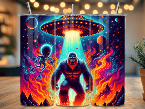 Neon UFO Bigfoot Fire Art Tumbler Wraps
