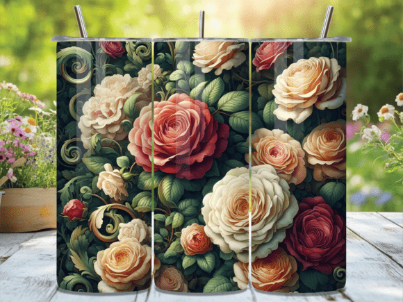 Vintage Cream Red Rose Art Tumbler Wraps